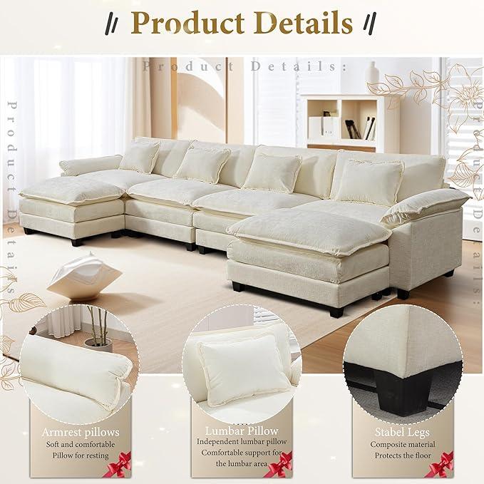 URRED Modular Sectional Sofa Comfy Cloud Couch, Modern Chenille Sofa Sleeper Deep Seat Couches with Ottoman/Pillows for Living Room (White, 154'' - U Shape)