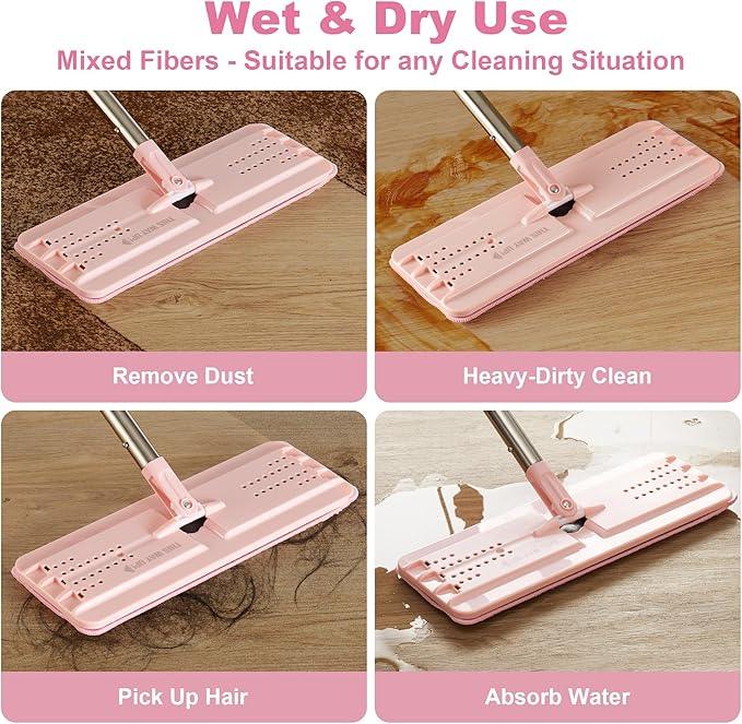 JOYMOOP Flat Mop Pads, Microfiber Mop Cleaning Pads, Washable Pads, Pads Replacement for Flat Mop or Mop Bucket Set, Pack of 4 Refills 13inch - Pink