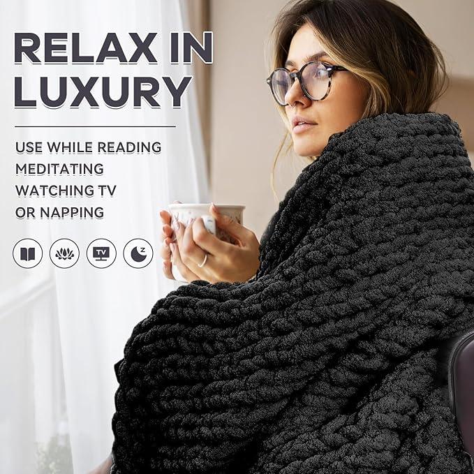 Chunky Knit Blanket - Luxury Soft Cozy 50 * 60 Throw Blanket,100% Woven Blanket Rope Knot Throw Blanket for Couch, Sofa, Home Decor, Gift - Machine Washable（Black）