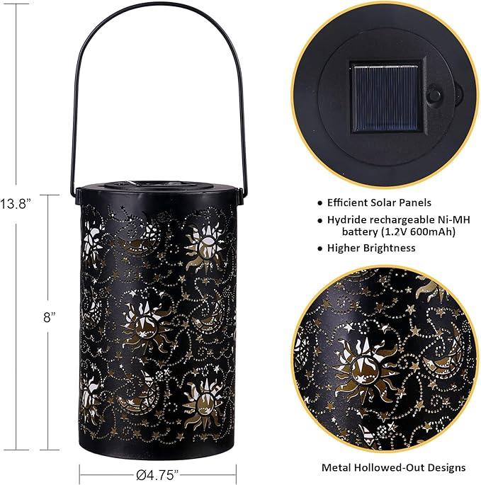 Solar Lanterns Outdoor Hanging Waterproof Metal Sun Moon Star Pattern Lanterns for Garden Patio Yard Lawn Front Porch Decor as Birthday Gifts for Mom Grandma Women