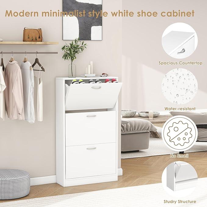 Shoe Storage Cabinet with 3 Flip Drawers, Narrow Shoe Cabinet Freestanding Slim Shoe Storage Organizer for Entryway, Hallway, Entrance, Bedroom, Living Room, White