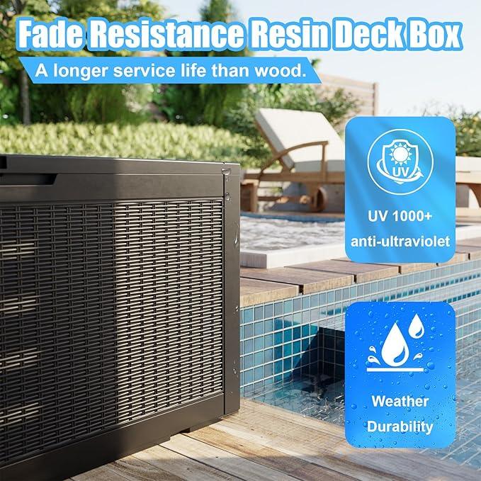 100 Gallon Outdoor Storage Box,Large Waterproof Resin Deck Box,Lockable Storage Container with Reinforced Support for Patio Cushions,Garden Tools,UV-Resistant（Black Rattan）