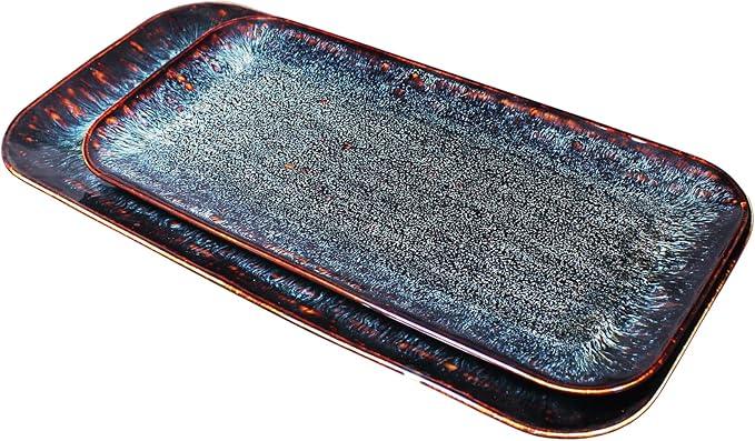 Porcelain Dinner Plates Platters Set of 2, for Fruit, dessert, snack platter, Bread, cupcake, Salad - Microwave, Dishwasher Safe, Scratch Resistant durable, Black Reactive glaze