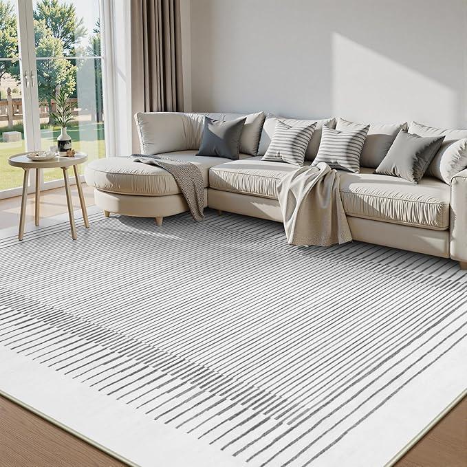 Wonnitar Washable Striped 8x10 Rugs for Living Room, Non-Slip Soft Grey Berber Stripe Bedroom Rug, Low Pile Minimalist Floor Carpet for Dining Room Living Room Office Department (Grey, 8' x 10')