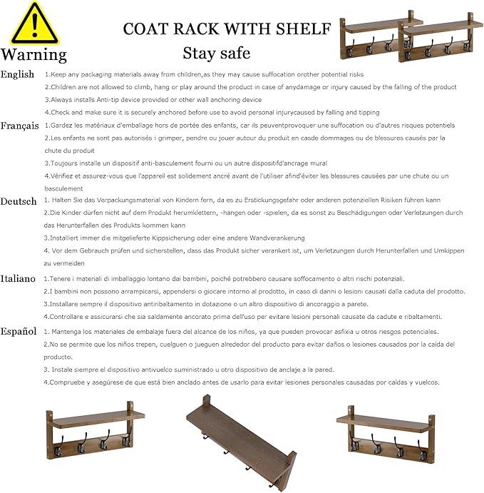 Coat Rack with Shelf Wall Mount, Entryway Bamboo Hanging Shelf, Set of 2, Wall Hook Rail for Hallway Décor, Storage Clothe, Hat, Robe, Key, Dog Leash (Walnut)