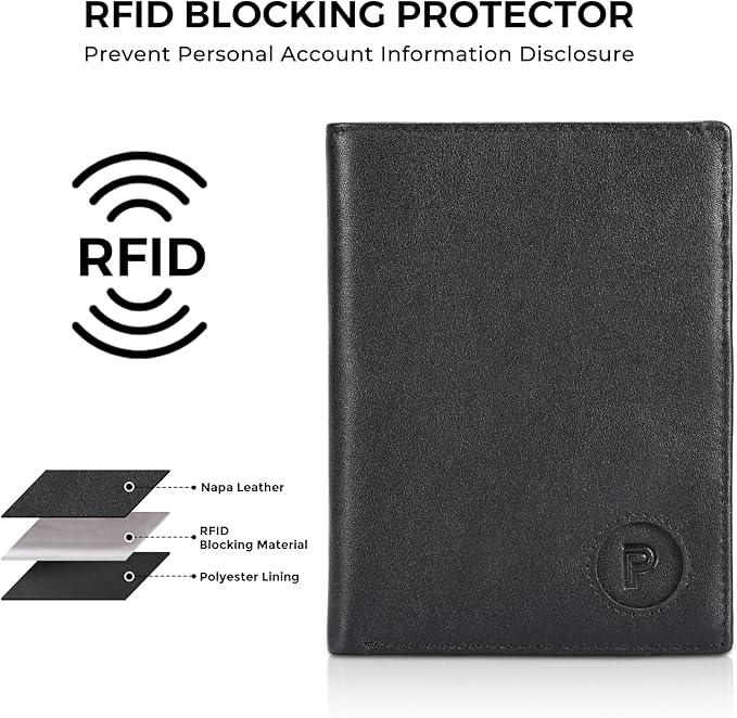 Polare Luxury RFID Blocking Leather Passport Holder Travel Wallet For Men and Women (Black with AirTag Slot)