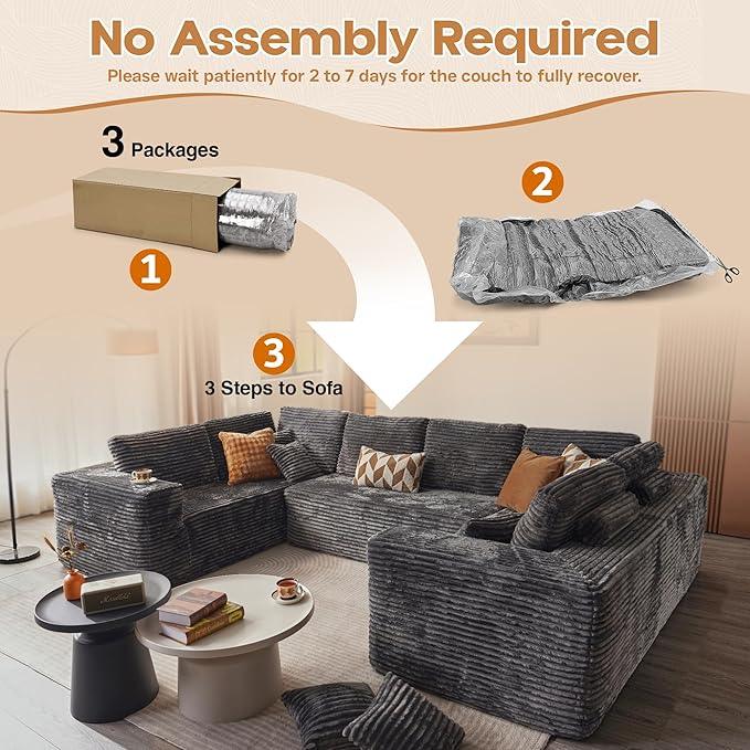 Cloud Sectional Couches for Living Room,U Shaped Modular Sofas No Assembly,135x79 Inches Plush Corduroy Oversized Floor Couch Set with Deep Seat Chaise,Grey