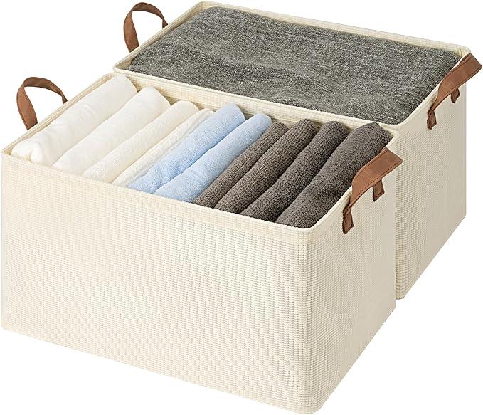 StorageWorks Storage Bins, Shelves Baskets for Organizing, 45L Extra Large Fabric Closet Organizers with Handles, Metal Frame, Beige（Texture）, 2-Pack
