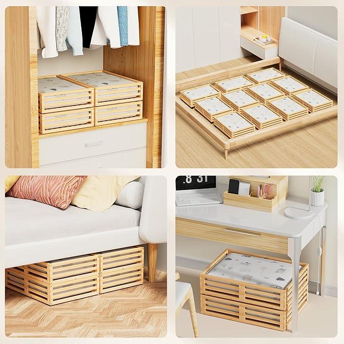 Under Bed Storage with Wheels-Large Bamboo Underbed storage Containers with Large Dust Bag Stackable Under the Bed Shoe Storage Bins for Clothes Books Bedding (2 Packs Nature, 23.62