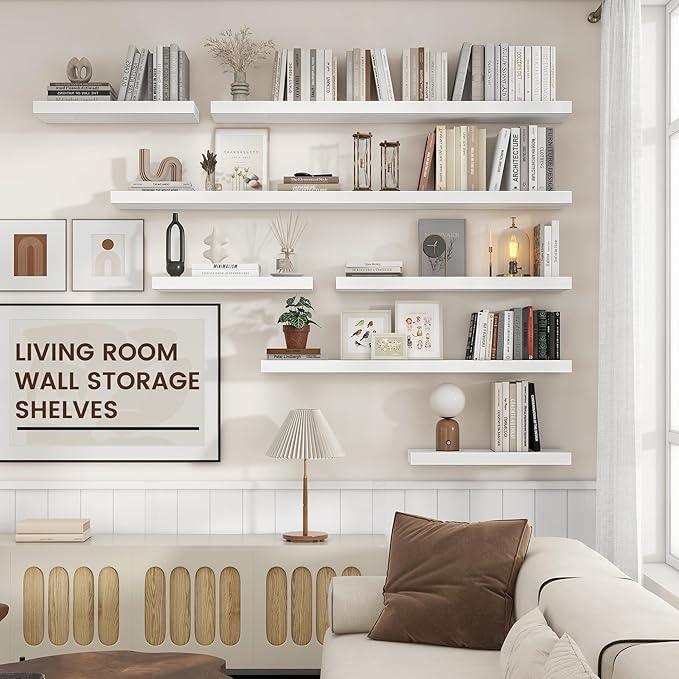 Floating Shelves for Wall, Large Wall Mounted Shelves with Invisible Brackets, Long Wood Floating Shelf for Living Room, Bedroom, Kitchen, (White, 55
