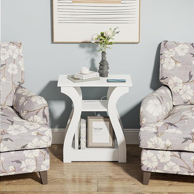 End Tables Living Room, White End Table with Charging Station,White Side Table, Nightstand for Bedroom, 3 Tier End Table with Storage Shelf for Living Room