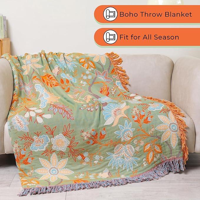 Boho Throw Blanket for Bed-Soft Cotton Rustic Quilt 80