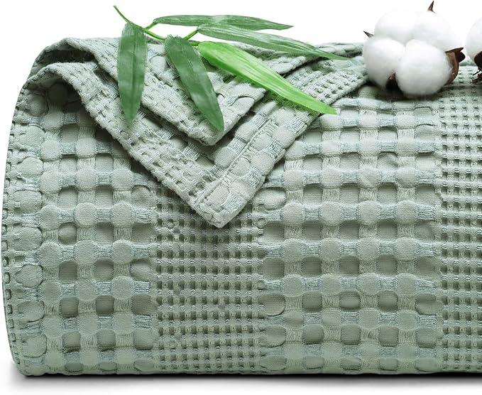 PHF Cooling Waffle Blanket Queen Size, Lightweight 60% Rayon Derived from Bamboo & 40% Cotton Breathable Blanket for Hot Sleepers, Soft and Luxury for Bed Couch and Sofa, 90