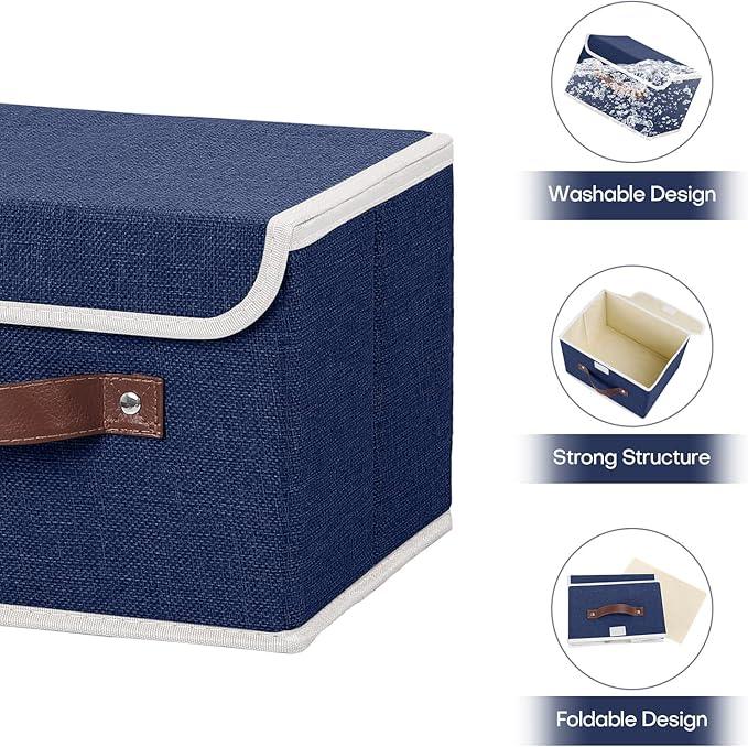 ANMINY 4PCS Storage Bins with Lid PU Leather Handles Storage Boxes PP Plastic Board Decorative Foldable Lidded Cotton Linen Fabric Home Cubes Baskets Closet Organizer Containers - Blue, Small Size