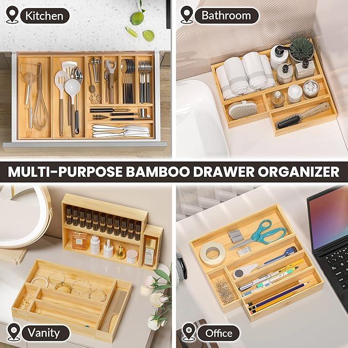 Kitchen Drawer Organizer Bins, Stackable Bamboo Drawer Organizer for Silverware, Flatware, Coffee Pod Organizer K Cup Holder for Countertop, 2 Pcs Coffee Station Organizer 12