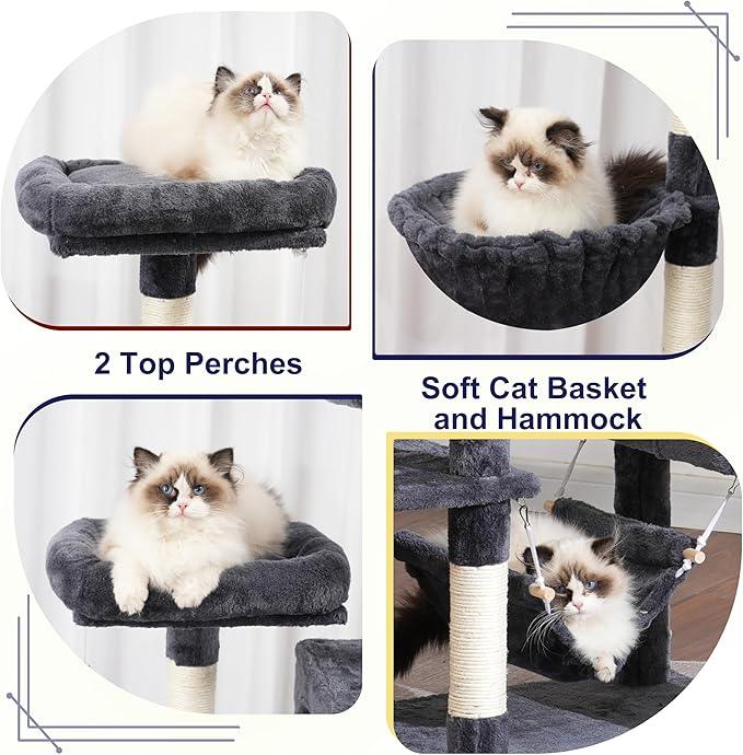 Cat Tree for Indoor Cats, 71'' (180cm) Multi-Level Cat Tower for Large Adult, Sturdy Cat Tree House with 2 Scratching Boards 7 Posts, 2 Plush Perches/Condos, Hammock, Smoky Gray GCT032G