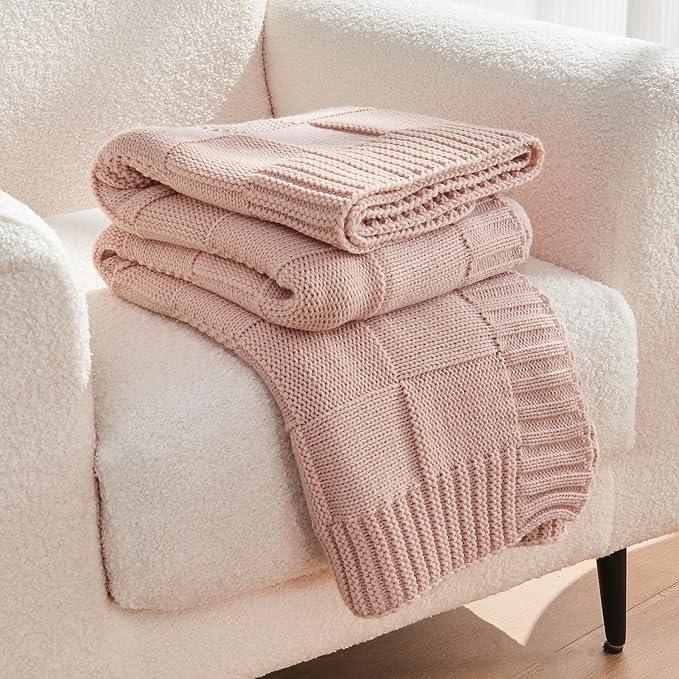 CozeCube Check Knit Throw Blanket, Pink Checkered Throw for Couch, Decorative Christmas Soft Cozy Warm Knitted Blanket for Bed Sofa Living Room, 50