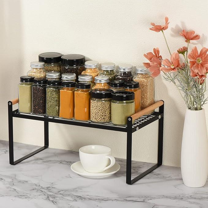 PATIKIL Kitchen Cabinet Shelf Organizer, Wood Counter Shelf Stackable Storage Shelf For Cupboard, Pantry, Corner, Under Sink - Black