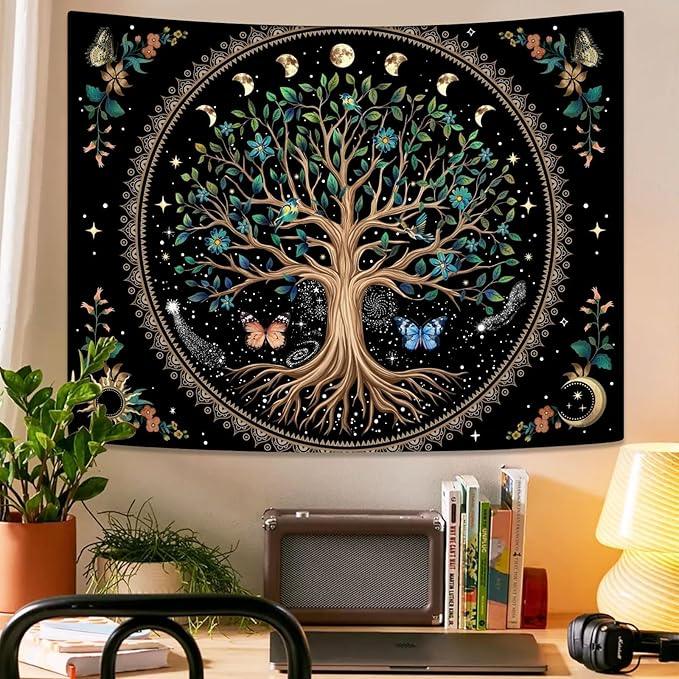Lunerfex Tree of Life Tapastry Sun and Moon Tapastry Flower Boho Tree Mandala Wall Hanging for Bedroom and Living Room Decor Green Tree 60×80 Inches