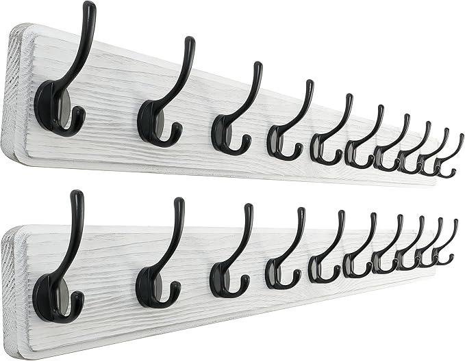 SKOLOO Rustic Wall Mounted Coat Rack, Case of 2, Pine Solid Wood Coat Hook Hanger - 10 Hooks for Hanging Clothes Robes Towels Coats