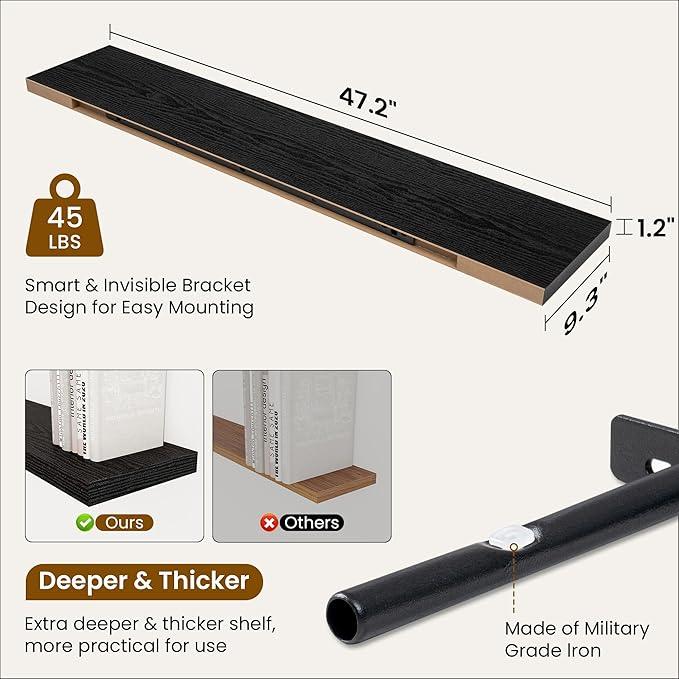 Fun Memories 48 Inch Deep Floating Shelves for Wall, 2 Pack of Long Wall Mounted Wood Shelves with Invisible Brackets for Bathroom, Bedroom, Living Room, Kitchen Decor and Storage, Black