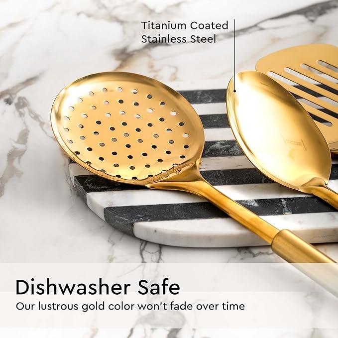 Gold Cooking Utensils Set – 5-Piece Stainless Steel Kitchen Tools for Modern Cooking and Serving – Dishwasher Safe Ladle, Spoon, Spatula, Pasta Fork, Luxury Brass Kitchen Accessories for Home Chefs