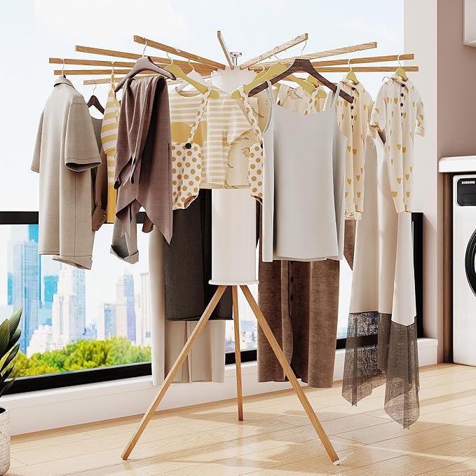 Clothes Drying Rack Tripod,Drying Rack Clothing,Laundry Drying Rack,Floor Standing,16 Wooden Poles,Collapsible Drying Racks for Laundry,Retractable,Foldable,Folding