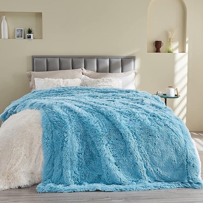 GONAAP Fuzzy Faux Fur Throw Blanket Queen Size Sky Blue Super Soft Cozy Plush Fuzzy Shaggy Blanket for Couch Sofa Bed (Sky Blue, Queen(90