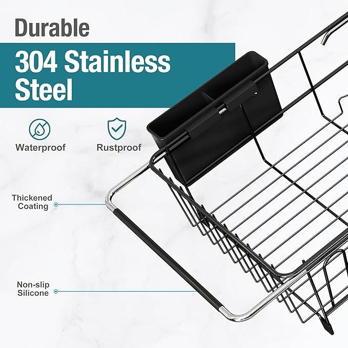 Dish Drying Rack in Sink, Over The Sink Colander Strainer Basket, Stainless Steel Strainer Basket with Expandable Rubber Grip Handles for Vegetables, Fruits, Home Kitchen Essentials, Black