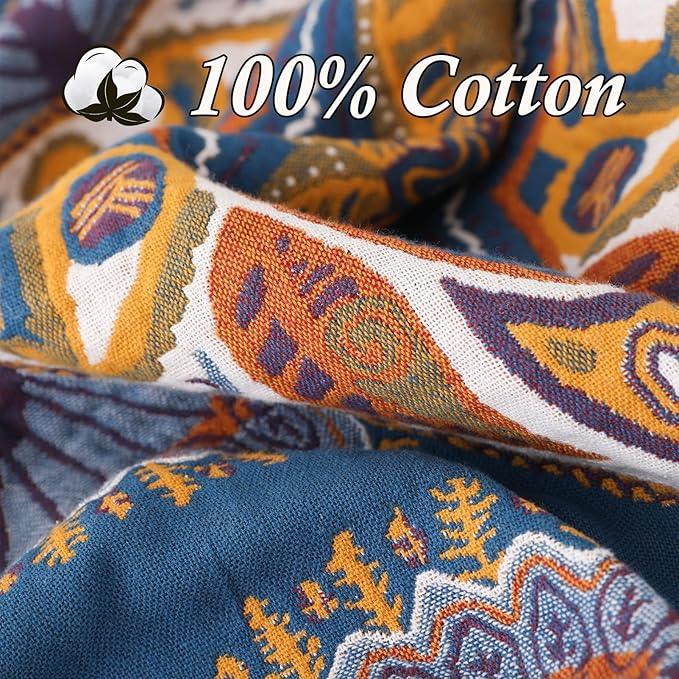 Snycler Boho Throw Blanket for Bed - 100% Cotton Ultra Soft Rustic Quilt Blanket Orange Green Printed Farmhouse Decor Bed Blankets, 80