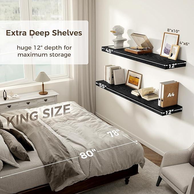 Black Floating Shelves 48 Inch Long, 12 Inch Deep Floating Shelves for Wall, 48 x 12 Large Wall Shelves for Home Storage & Display, 2