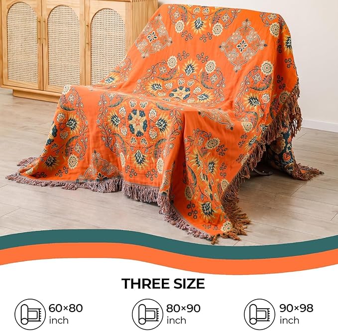 Throw Blanket for Couch Bed Chair,100% Cotton Soft Lightweight Blanket Rustic Quilt -Orange Floral Printed Farmhouse Decor Bed All Season Blankets,90