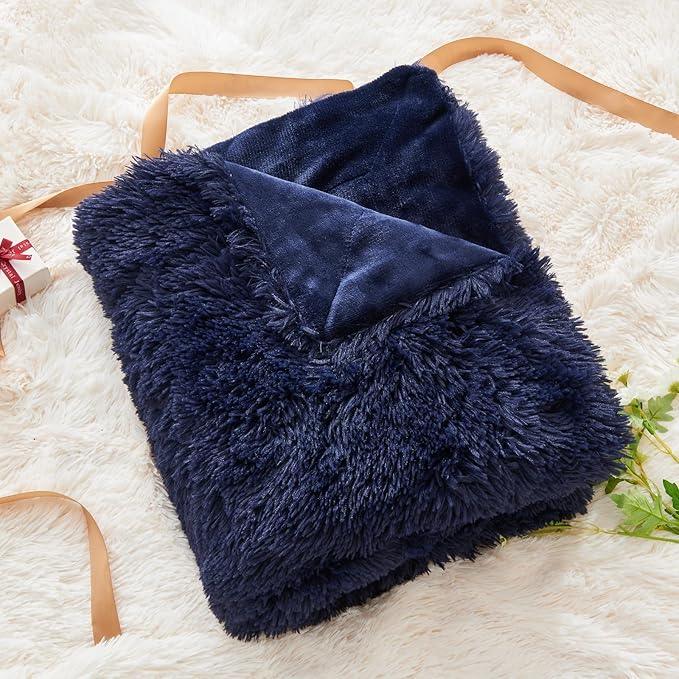 GONAAP Fuzzy Faux Fur Throw Blanket Twin Size Dark Navy Super Soft Cozy Plush Fuzzy Shaggy Blanket for Couch Sofa Bed (Dark Navy, Twin(60