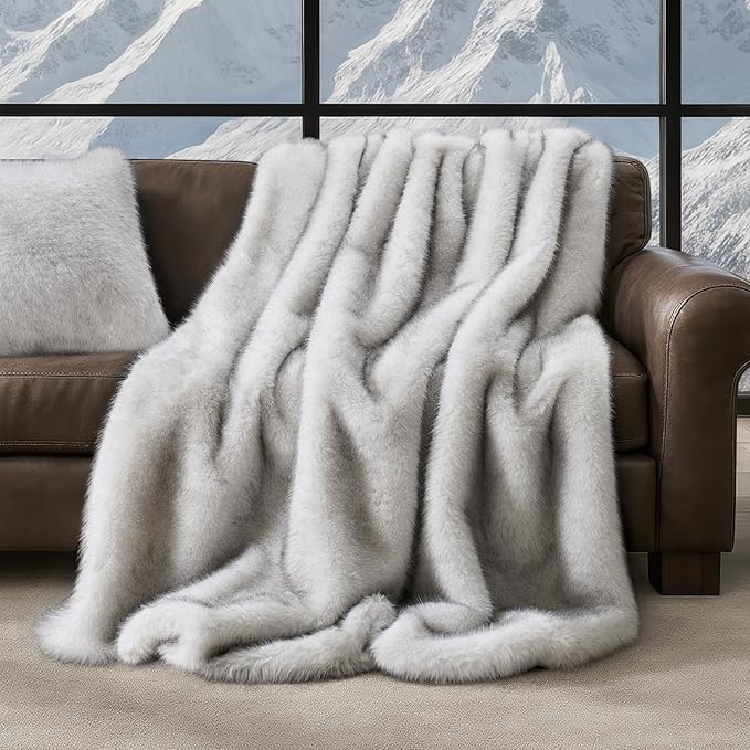 Luxury Faux Fur Throw Blanket, Soft Fluffy Faux Mink Blankets for Bed, Couch, Sofa, Thick Cozy Plush Warm Fur Throws with Reversible Velvet, Frosted White Wolf, 60