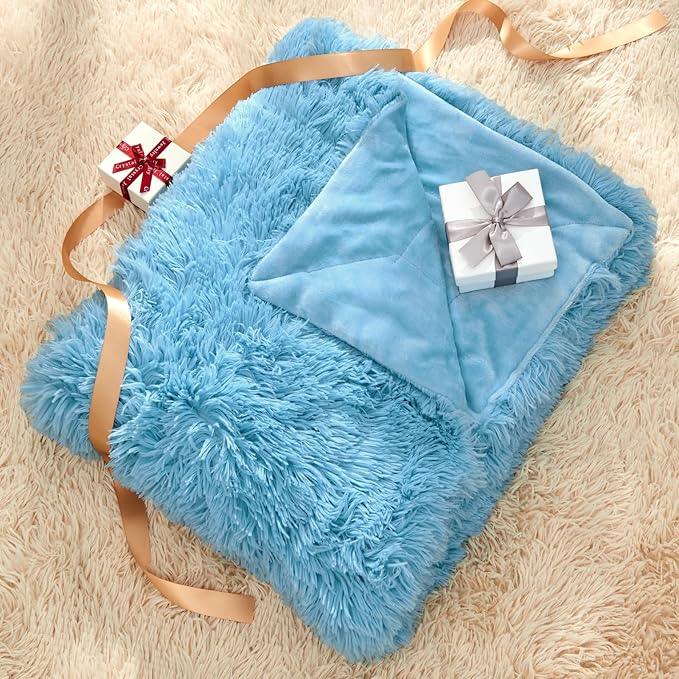 GONAAP Fuzzy Faux Fur Throw Blanket Queen Size Sky Blue Super Soft Cozy Plush Fuzzy Shaggy Blanket for Couch Sofa Bed (Sky Blue, Queen(90