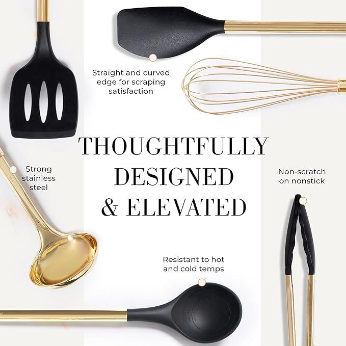Styled Settings Black and Gold Cooking Utensils Set - 7-Piece Silicone Utensils Set Include Spatula Holder for Nonstick Cookware and Modern Kitchens - Stylish Black and Gold Kitchen Accessories