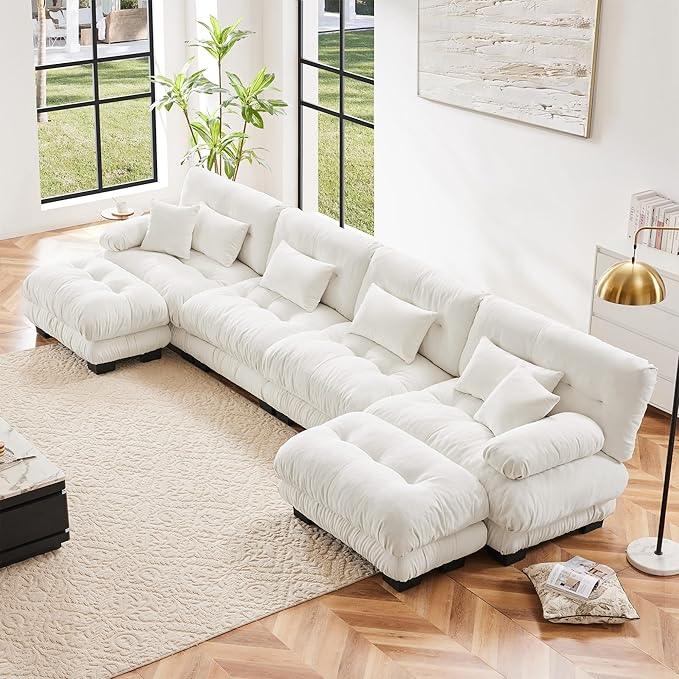 U Shaped Couch Sectional Couch, 4-Seater Cloud Couch Sectional Oversized Couch, Sofa Bed Couch with Round Bolster Armrests 6 Pillows, Modular Couch Home Sofa Living Room Couch(White)