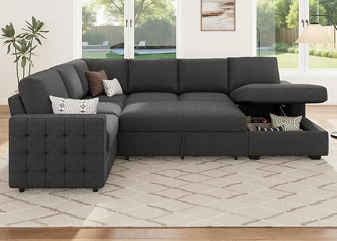 HONBAY Sectional Couch with Pull Out Bed, U-Shaped Sectional Sleeper Sofa with Storage, 6 Seater Sectional Sofa Bed, Mid-Grey