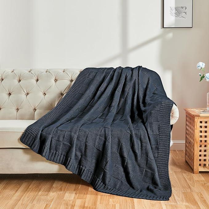 CozeCube Check Knit Throw Blanket, Midnight Navy Checkered Throw for Couch, Decorative Christmas Soft Cozy Warm Knitted Blanket for Bed Sofa Living Room, 60