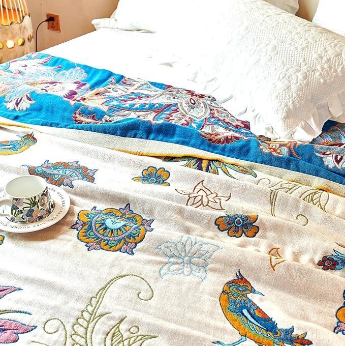 Boho Throw Blanket, 100% Organic Cotton Breathable Ultra Soft Bed Quilt Throw - All Season Floral Bird Butterfly Farmhouse Decor Blanket for Sofa Couch Chair and Gift. 50