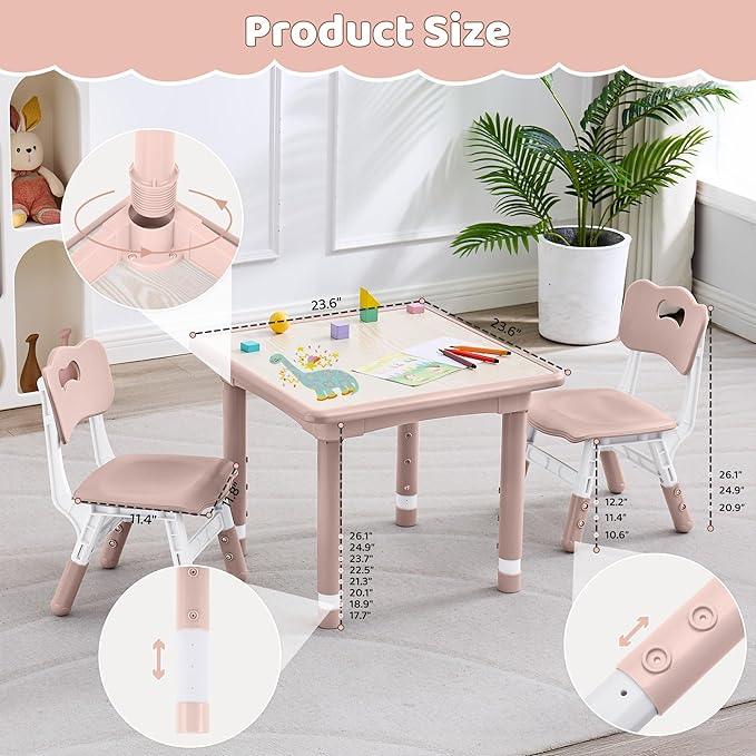 Kids Table and 2 Chairs Set, Height Adjustable (17.7