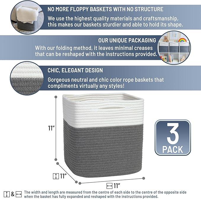 NaturalCozy Storage Cubes 11 Inch Cotton Rope Woven Baskets for Organizing, 3-Pack | Cube Storage Bin | Square Storage Baskets for Shelves Organizer, Classroom, Kids Toy Bins, Closet, Baby Nursery