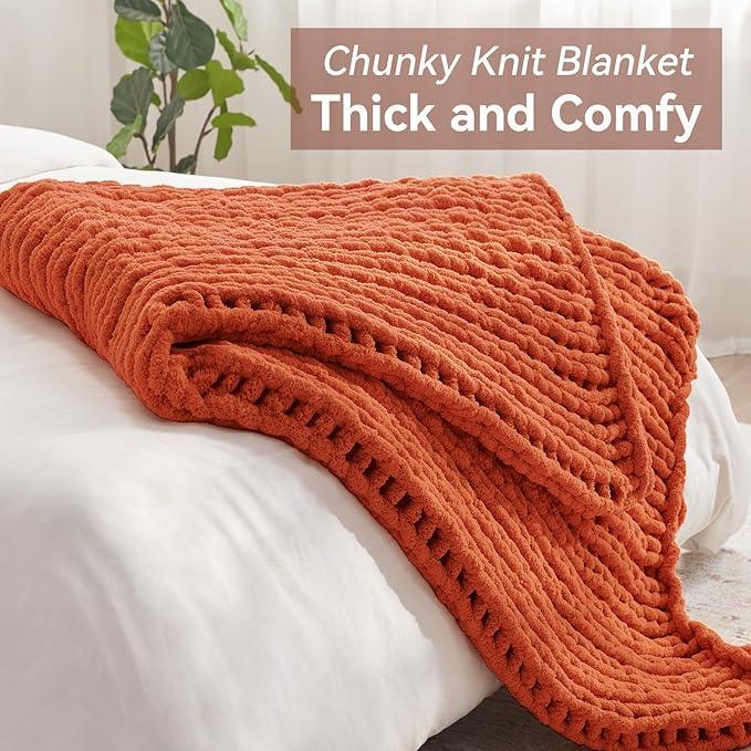 Chunky Knit Throw Blanket, 30''*40'' Fall Throw Blanket Knitted Chenille Yarn for Bed Couch, Handmade Orange Crochet Big Thick Blanket, Machine Washable Cute Comfy Blankets for Home Decor