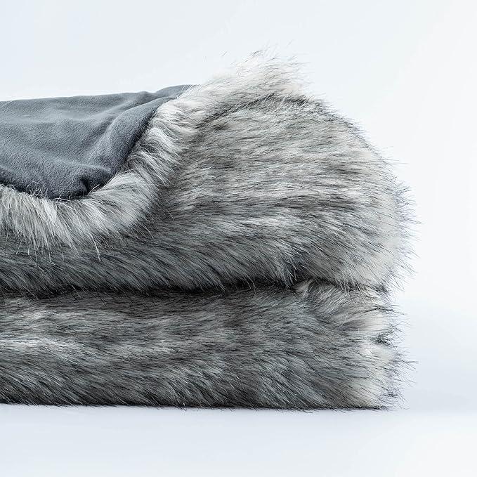 BATTILO HOME Wolf Faux Fur Blanket, Extra Large Fox Fur Throw Blankets for Couch, Bed, Super Soft, Fluffy, Eelegant, Grey with Black Tips Blanket Reversible to Plush Velvet, (Grey, 60