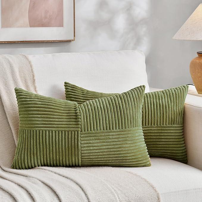 Fancy Homi 2 Packs Moss Green Lumbar Decorative Throw Pillow Covers 12x20 Inch for Living Room Couch Bed, Rustic Farmhouse Boho Home Decor, Soft Striped Corduroy Rectangle Accent Cushion Case 30x50 cm