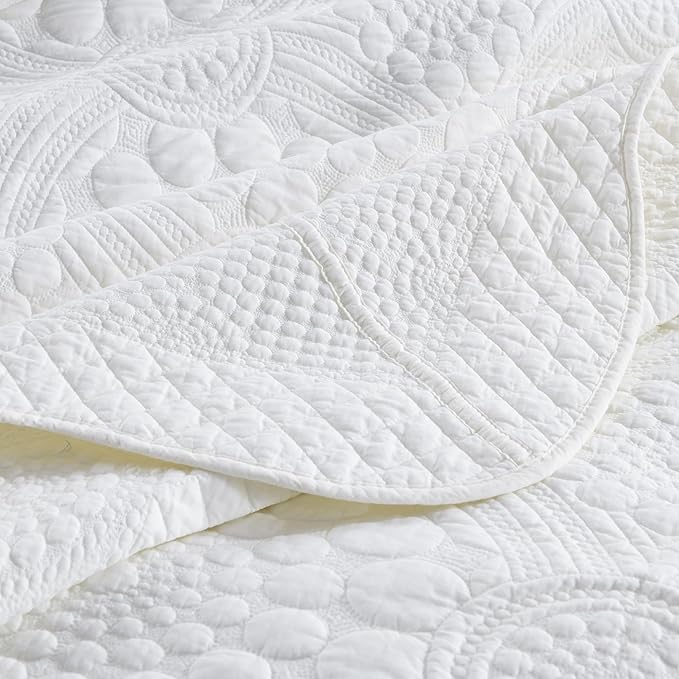 MarCielo 3-Piece 100% Cotton Oversized Bedspread Lightweight Quilt Coverlet Embroidery Farmhouse Bedding (Tf Bright White, Oversized Queen (100