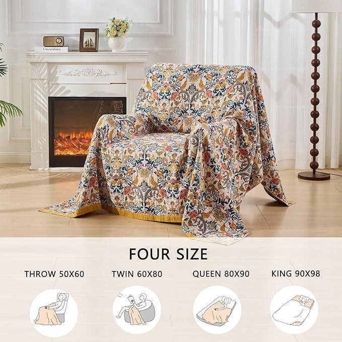Boho Throw Blanket Reversible Cotton Bohemian Tapestry,100% Cotton Throw Blanket for Couch,Sofa,Chair,Lightweight Summer Quilt Soft 4-Layer Muslin Blanket for Farmhouse,Picnic Decor 50