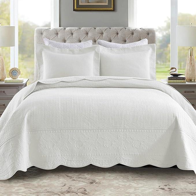 MarCielo 3-Piece 100% Cotton Oversized Bedspread Lightweight Quilt Coverlet Embroidery Farmhouse Bedding Set (TG Bright White, Oversized Queen (100
