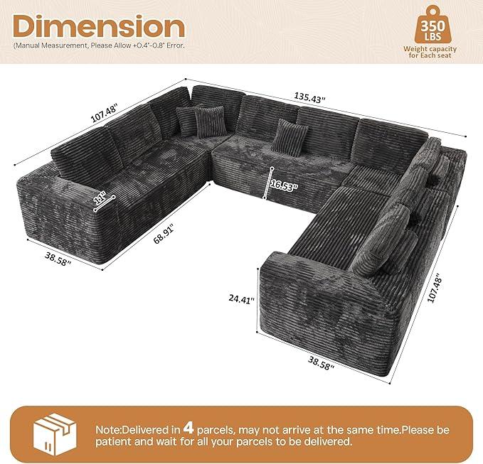 Cloud Sectional Couches for Living Room,U Shaped Modular Sofas No Assembly,135x107 Inches Plush Corduroy Oversized Floor Couch Set with Deep Seat Chaise,Grey