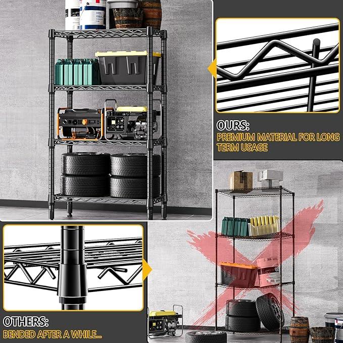 1000 lbs 4 Tier Shelf Metal Storage Shelves Wire Rack Closet Organizers for Garage Kitchen Bathroom Laundry Black 11.8